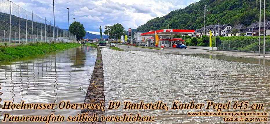 Hochwasser Oberwesel, B9 Tankstelle Auto-Becker, Kauber Pegel 645 cm