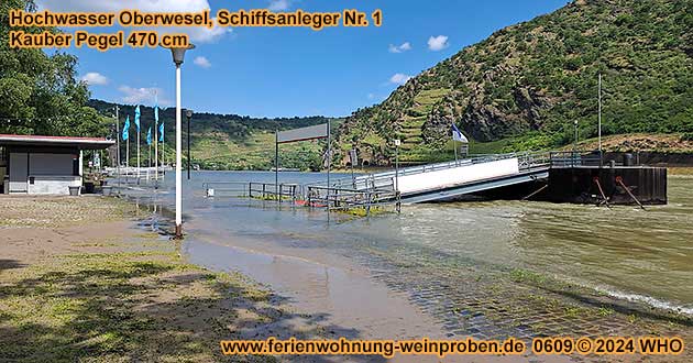 Kauber Pegel 470 cm, Hochwasser Oberwesel, Schiffsanleger Nr. 1.