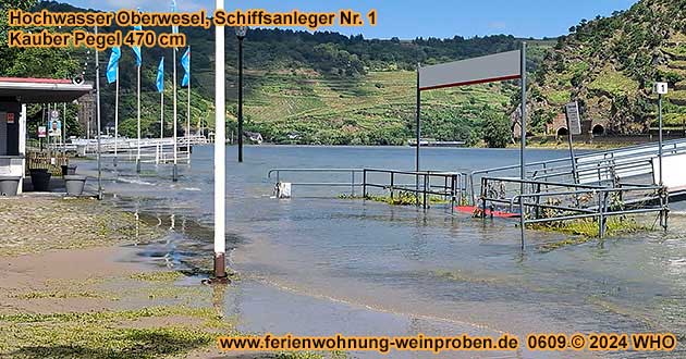 Kauber Pegel 470 cm, Hochwasser Oberwesel, Schiffsanleger Nr. 1.